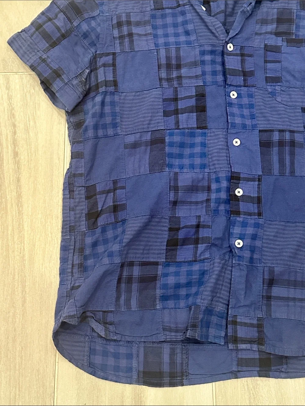 J.Crew Size Large Men's Blue Patchwork Madras Short Sleeve Button-Up Shirt